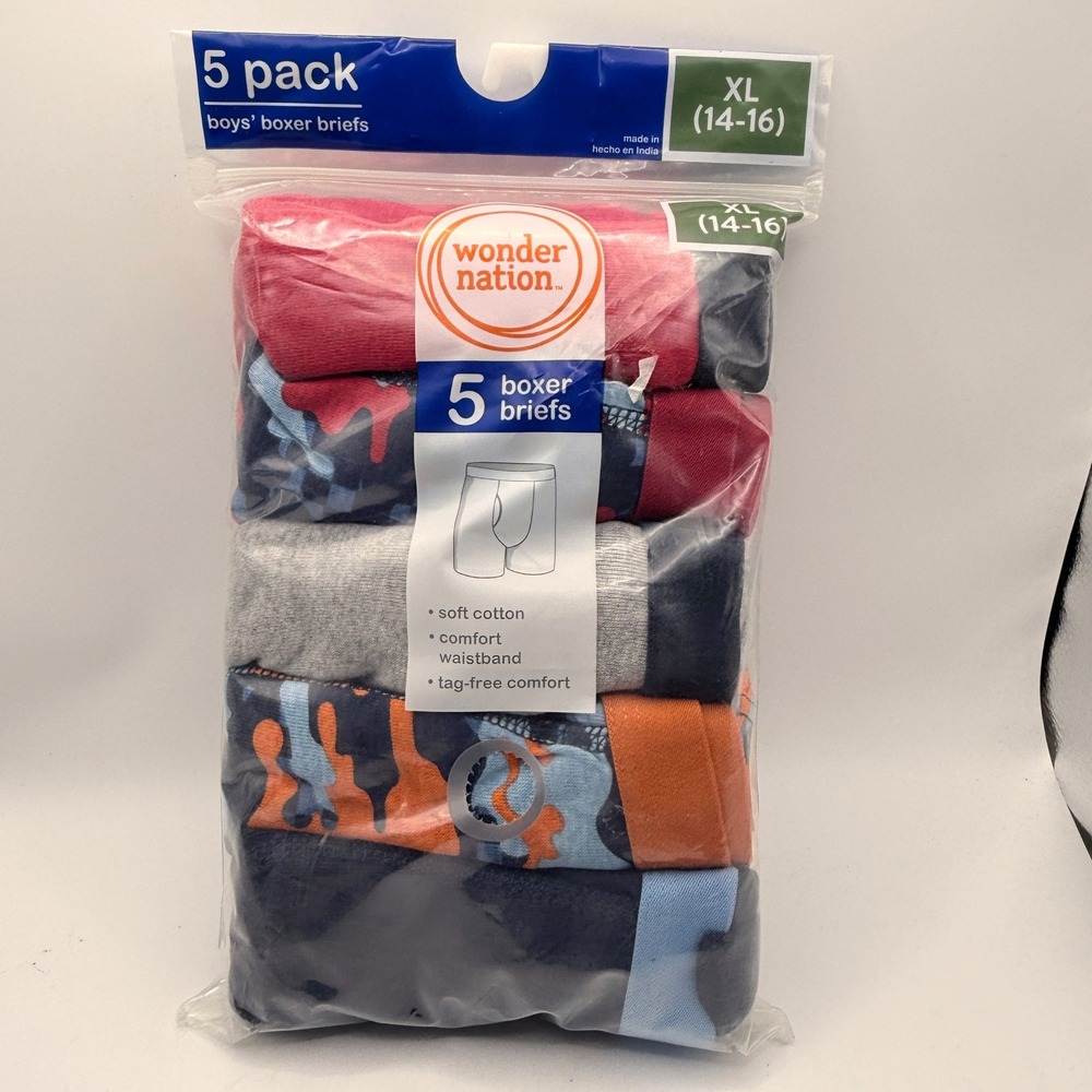 Wonder Nation Boxer Briefs Boys XL 14-16‎ 5 Pack Camo Solid Cotton BW22S5P41